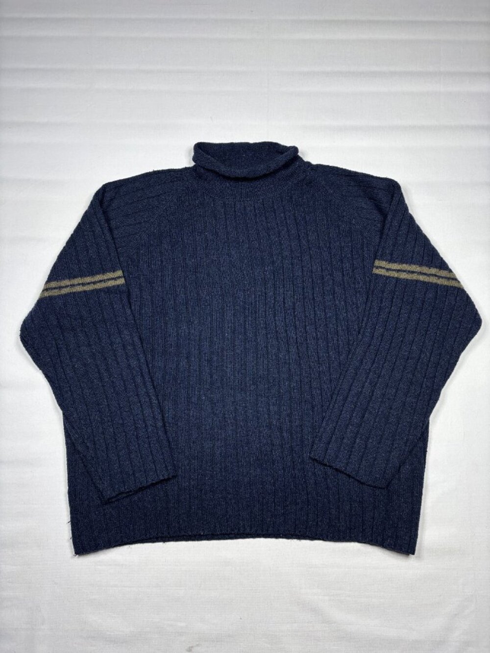 VTG 90s Bugle Boy Authentics Sweater XL Blue Ribbed Turtleneck Wool Blend Strip